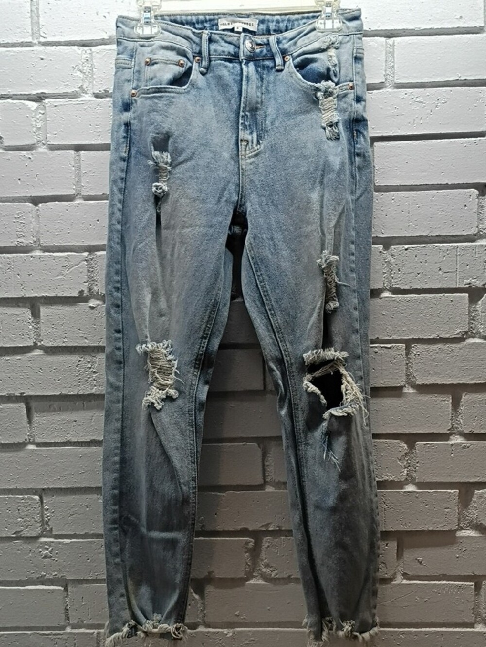 Almost Famous Light Wash Distressed Women's High-Rise Jeans Size 3, Five Pocket